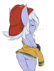 ass bandlebro firefighter firefighter_tristana firefighter_uniform league_of_legends purple_skin removing_clothing shortstack small_breasts solo sweat the_grind_series tristana white_background white_hair yordle