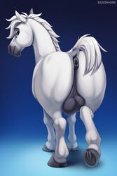 anus ass backsack balls big_balls black_anus black_balls black_perineum blue_eyes dock equid equine equine_anus feral gradient_background hi_res hooves horse looking_back male male_only mammal puffy_anus raised_tail simple_background solo thick_thighs underhoof zazush-una