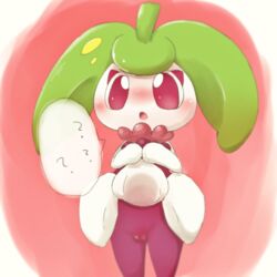 1:1 2016 :o ? blush digital_media_(artwork) female flora_fauna green_hair hair hands_together humanoid kemono lifting long_hair nintendo open_mouth pink_eyes plant pokémon_(species) pokemon pokemon_sm pussy sakaeguchi_okarina solo speech_bubble standing steenee tongue twintails video_games white_skin