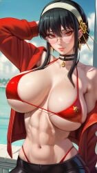 abs ai_generated bare_shoulders belly_button big_breasts bikini bikini_top_only bra breasts choker cleavage female female_focus female_only focus hourglass_figure jacket jacket_open large_breasts lips lipstick long_sleeves looking_at_viewer midriff nsfw pants red_eyes sagging_breasts saggy_breasts seducing seduction seductive seductive_body seductive_eyes seductive_gaze seductive_look seductive_mouth seductive_pose seductive_smile shiny_breasts shiny_clothes shiny_skin sideboob sky4maleja smile spy_x_family swimsuit thong_above_pants thong_above_shorts thong_straps toned toned_belly toned_stomach underboob underwear upper_body yor_briar yor_forger