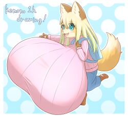 1girls animal_ears anthro anthro_focus anthro_only blonde_hair blue_eyes breasts breasts_bigger_than_body breasts_bigger_than_head cake chibi closed_eyes fangs female fox_ears fox_girl fox_tail furry furry_female furry_only hyper_breasts massive_breasts open_mouth original original_character shortstack small_but_busty solo tail two_tone_hair yu_fox