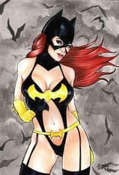 1girls 2019 alternate_costume barbara_gordon batarang batgirl batman_(series) big_breasts bikini birds_of_prey black_bikini black_cowl black_swimsuit black_thighhighs blue_eyes breasts cleavage cowl dated dc dc_comics ed_benes_studio eyeshadow female female_only garter_belt garter_straps gloves human israel_(artist) large_breasts lipstick long_hair makeup mascara mask pinup red_hair signature sling_bikini solo standing superheroine swimsuit thighhighs thighs yellow_gloves