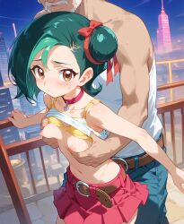 1boy 1girls age_difference ai_generated breast_grab breasts grabbing_from_behind kotori_mizuki nipples skirt small_breasts sweat tori_meadows undressing yu-gi-oh!_zexal