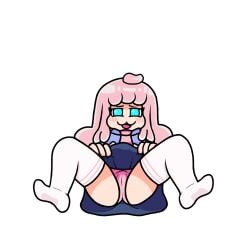 anonymous_artist blue_eyes clothed cloud_(friday_night_funkin) exposed_panties fluffy_hair friday_night_funkin friday_night_funkin_mod lifting_skirt lying_on_back pink_hair pink_panties solo tagme