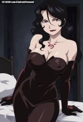 ai_generated aindroidparanoid bedroom big_breasts black_hair breasts busty cleavage curvy evil_smile female female_only fullmetal_alchemist fullmetal_alchemist_brotherhood hips homunculus huge_breasts indoors large_breasts lust lust_(fullmetal_alchemist) massive_breasts narrow_waist nipples pale_skin parted_lips red_eyes seductive stable_diffusion voluptuous waist wavy_hair