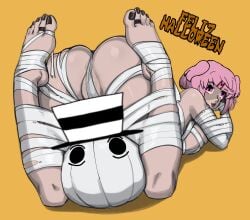 1girls beelceteam beelceverse beelceverse_knights black_nails candy darkraiteam elegantede female hallow halloween halloween_costume halloween_pumpkin happy_halloween jackreaper large_breasts misfin_(natsuki_mola) mummy_costume mummy_wrappings natsuki_(doki_doki_literature_club) on_all_fours pink_eyes pink_hair short_hair short_pink_hair