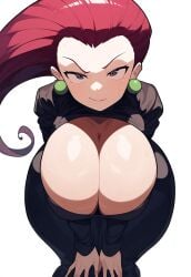 ai_generated bending_over hanging_breasts huge_breasts jessie_(pokemon) large_breasts leaning_forward lubbasdump magenta_hair massive_hips pokemon smirking thick_thighs wide_hips