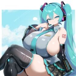 ai_generated ameanon big_breasts blue_eyes blue_hair breasts crossed_legs detached_sleeves hatsune_miku huge_breasts large_breasts light_skin light_skinned_female looking_at_viewer pale_skin pale_skinned_female short_skirt sideboob sitting skindentation skirt smile smug thick_thighs thighhighs twintails vocaloid