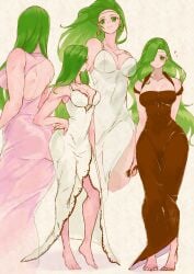 1girls alternate_costume annand_(fire_emblem) ass ass_in_dress back backless_outfit bare_arms bare_back barefoot breasts center_opening cleavage dress female female_only fire_emblem fire_emblem:_genealogy_of_the_holy_war full_body green_eyes green_hair hair_over_one_eye hand_on_own_hip large_ass large_breasts looking_at_viewer multiple_views nintendo side_slit smile ta_dasu_(tadasu_hayashi) very_long_hair