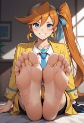 1girls ace_attorney ai_generated athena_cykes bare_soles barefoot blue_eyes blush capcom cute_girl earrings feet female_only foot_fetish gyakuten_saiban orange_hair pov presenting_feet single_glove smile soles toes yellow_suit