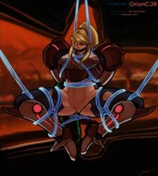 alternate_costume alternate_version_available armor arms_behind_back background ball_gag bare_legs bare_midriff blonde_hair blue_eyes bondage drooling female female_only human metroid metroid_prime nintendo patreon_logo patreon_username phazon_slut ponytail power_armor power_suit pubic_stubble pussy restrained samus_aran signature solo spread_legs tentacle thick_thighs torn_bodysuit