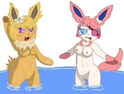 2girls anthro anthro_only bathing breasts breasts_out eeveelution furry furry_female furry_only jolteon lunar_tear pokemon pokemon_(species) pussy sylveon