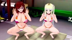 2girls accursedflowers bikini blonde_hair collar eyeshadow glasses green_eyes koikatsu large_breasts lesbian_pride_bikini lesbian_pride_colors lgdiva lipstick long_hair multiple_girls nail_polish orientation_play red_hair squatting toenail_polish twintails v_sign