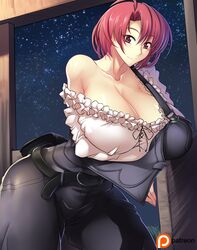 1girls big_breasts breasts cleavage cow_girl_(goblin_slayer) female goblin_slayer haganef huge_breasts human looking_at_viewer overalls red_eyes red_hair solo solo_female tagme