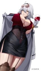 absurdres ahoge aisurin1st armband artist_name black_dress black_skirt black_thighhighs breasts choker cleavage coat covered_navel cowboy_shot cross-laced_clothes cup dress drinking_glass eyewear_on_head female from_below garter_straps gloves grey_hair hair_between_eyes hair_intakes highres large_breasts looking_at_viewer medium_hair open_clothes open_coat parted_lips pencil_dress plunging_neckline red_shirt shirt shirt_tucked_in short_dress simple_background skirt solo sunglasses thighhighs tight_clothes tight_dress underbust virtual_youtuber vshojo white_background white_gloves wine_glass wing_collar yellow_eyes zentreya zentreya_(cyborg) zentreya_(cyborg)_(4th_costume) zettai_ryouiki