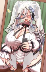 animal_ears barefoot cleavage crouching female female hololive huge_breasts long_hair mirror mirror_selfie rutubo selfie shishiro_botan solo spread_legs squatting tail thick_thighs thighhighs tiptoes v veil virtual_youtuber voluptuous white_hair wide_hips wink