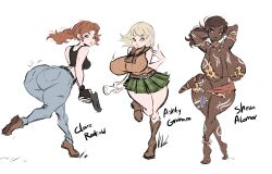 3girls ashley_graham ass big_breasts bikini black_hair blonde_hair bra breasts butt capcom claire_redfield dark_skin dullvivid female gun only_female red_hair resident_evil resident_evil_2 resident_evil_5 sheva_alomar short_hair text tribal_paint