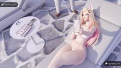 1boy 3d 3d_(artwork) after_fellatio ahri beach bikini bikini_bottom bikini_top blonde_hair blue_eyes completely_nude cum_on_face cum_on_tongue dark-skinned_male erection eskandart female french_nails hairclip imminent_sex k/da_ahri k/da_series large_breasts large_penis league_of_legends naughty_face nipples nude one_eye_closed open_mouth penis penis_grab phone pink_nails pool pov puffy_nipples sunglasses