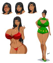 ahe_gao artist_name belly_chain bra breasts cleavage cleavage_cutout dark-skinned_female dark_hair dark_skin devil-v dress earrings female female_only fit fit_female full_body green_dress hair_bun highres huge_breasts index_finger_raised inviting latina lingerie long_legs model_sheet navel_line original panties red_bra red_lingerie shiny_hair shiny_skin signature solo solo_focus straight_hair swimsuit tied_hair