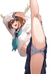 1girls ass brown_hair deer_girl deer_horns green_eyes leg_up looking_at_viewer medium_breasts my_deer_friend_nokotan nico-mo one_leg_up open_mouth panties school_uniform shikanoko_noko shikanoko_nokonoko_koshitantan thighs white_background white_panties