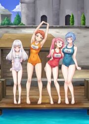 4girls alternate_costume arm_around_shoulders ass_visible_through_thighs bangs bare_legs blue_hair blue_one-piece_swimsuit blue_swimsuit blush breasts brown_eyes commission english_text female female_only fire_emblem fire_emblem:_three_houses full_body highres hilda_valentine_goneril igni_tion large_breasts legs leonie_pinelli long_hair lysithea_von_ordelia marianne_von_edmund medium_breasts multiple_girls name_tag nintendo one-piece_swimsuit orange_eyes orange_hair orange_one-piece_swimsuit orange_swimsuit outdoors pink_eyes pink_hair pool red_one-piece_swimsuit red_swimsuit short_hair small_breasts stretching swimming swimsuit text twintails very_short_hair water white_hair white_one-piece_swimsuit white_swimsuit