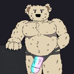 anthro anthro_only bara bear bear_(game) cuntboy dildo dragooner fur furry intersex male male_only multicolored_penis one_person plastic_cock roblox sam_(bear) solo strap-on surgery_scars