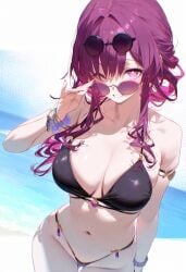 ai_generated bangs bare_shoulders beach bikini black_bikini bracelet breasts cleavage collarbone eyebrows_visible_through_hair eyewear_on_head female hair_between_eyes hair_intakes honkai:_star_rail honkai_(series) jewelry kafka_(honkai:_star_rail) large_breasts long_hair looking_at_viewer meyro navel ocean one_eye_closed open_mouth purple_eyes purple_hair sidelocks smile solo stomach string_bikini sunglasses swimsuit thigh_gap thighs water