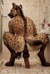 2024 ai_generated anthro anus ass balls bathroom carnivalecloudmuncher furry hyaenid hyena hyperrealistic looking_at_viewer looking_back male male_only mammal nude penis perineum photorealism photorealistic realism realistic rear_view self_upload solo solo_male squatting tagme tail