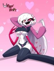 4_arms angel_dust_(hazbin_hotel) black_panties black_top draw_your_oc_in_this female_angel_dust female_only hazbin_hotel multi_arm multi_limb multicolored_eyes paggi_outfit pink_sleeves red_sleeves rule_63 skull thighhighs underboob usagi_star white_fur