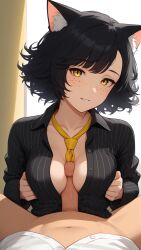 ai_generated bankonit black_hair boobjob cat_ears catgirl cleavage medium_breasts messy_hair open_shirt original_character paizuri short_hair smile stable_diffusion tie yellow_eyes