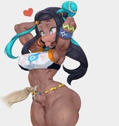 1boy 1girls abs alternate_breast_size armpits arms_behind_head arms_up ass blush bottomless breasts condom cum cum_in_navel cum_on_belly cum_on_body cum_on_stomach cum_on_upper_body dark-skinned_female dark_skin disembodied_penis female game_freak hair_bun heart huge_breasts interracial monkeywithaafro muscular_female nessa_(pokemon) nintendo penis pokemon pokemon_ss pussy pussy_juice thick_thighs wide_hips