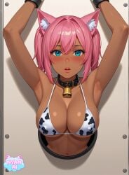 2d ai_generated armpits athletic bell_accessory bell_collar big_breasts bikini blue_eyes blue_eyes_female breasts cat_ears cat_girl catgirl catgirl_ears chocker cleavage cosplay cow_print cow_print_bikini cowkini curvaceous_figure curvy_female female female_focus fit_female frame free_use front_view girl glory_hole_station glory_wall hands_tied hands_up hole_in_wall huge_breasts humanoid lewd looking_at_viewer mature_female mature_woman neko nipple_bulge nyan_ai nyanai outfit pigtail pink_hair portrait_(object) pose shiny_skin short_hair smile solo stuck_in_wall tan tanned through_wall twintails uncensored voluptuous voluptuous_female