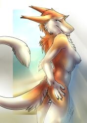 2016 alma_aurora anthro ass black_lips breasts female fur grin hand_on_butt lips looking_at_viewer multicolored_body multicolored_fur nipples nude orange_body orange_fur sergal side_boob side_view smile solo tail two_tone_body two_tone_fur