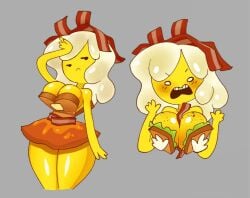 adventure_time big_breasts breakfast_princess breasts food food_creature huge_breasts legs legs_together massive_breasts massive_thighs sqwunx_(artist) thick_thighs thighs white_hair yellow_body