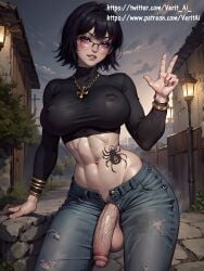 1futa ai_generated athletic athletic_futanari balls big_breasts black_hair blush cross_necklace denim dickgirl flaccid flaccid_penis futa_only futanari glasses hunter_x_hunter jeans jewelry long_sleeves looking_at_viewer midriff navel necklace nipples_visible_through_clothing phantom_troupe purple_eyes shizuku_murasaki solo solo_futa spider_tattoo stable_diffusion tattoo testicles upside_down_cross veritai villainess