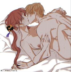 1boy 1girls aged_up ambiguous_penetration blush breasts bun_cover completely_nude female gintama implied_sex kagura_(gintama) kissing long_hair make medium_breasts missionary_position no_visible_genitalia nude official_alternate_hairstyle okita_sougo on_back on_bed orange_hair srsr_54 sweat twintails