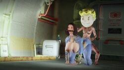 bethesda_softworks doggy_style emotrashcan fallout gagged_female larger_female long_video mascot_head masked_male riding_on_back size_difference tagme vault_boy vault_dweller vault_suit video