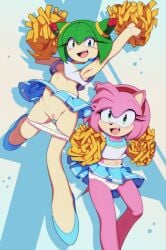 2girls accidental_exposure amy_rose cheerleader cheerleader_outfit cheerleader_uniform cosmo_the_seedrian euf-dreamer female panties panties_down pom_poms print_panties print_underwear pussy pussy_out sega skirt skirt_lift skirt_up sonic_(series) sonic_the_hedgehog_(series) sonic_x tms_entertainment underwear