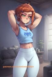 1girls aged_up ai_assisted ai_generated ben_10 cartoon_network green_eyes gwen_tennyson hi_res leggings orange_hair sadtomato self_upload solo_focus thick_thighs
