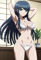 1girls ai_generated arms_behind_head blue_eyes blue_hair bra danganronpa danganronpa:_trigger_happy_havoc gastkeser82 lace-trimmed_bra lace-trimmed_panties leaning maizono_sayaka panties smile voluptuous white_bra white_panties wide_hips