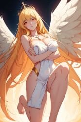 ai_generated angel_wings aureola blonde_hair blush crossed_arms damaris_selene looking_at_viewer necklace orange_eyes serious towel_only