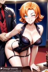 1boy 1girls ai_generated blue_eyes cheating corset doggy_style dress earrings female fishnets indoors indoors_sex lingerie looking_at_viewer male nora_valkyrie omega-weirdo orange_hair patreon rwby short_hair smile wink