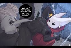 absurd_res anthro arthropod big_breasts black_body breasts cape cape_only clothing cornifer cornifer_(hollow_knight) cumbread cunnilingus dialogue duo english_text eyewear female glasses hi_res hollow_knight hornet_(hollow_knight) insects licking long_nose male male/female map mostly_nude navel nipples non-mammal_breasts non-mammal_navel non-mammal_nipples oral raining round_glasses scroll sex speech_bubble team_cherry text tongue tongue_out ugly_bastard vaginal_penetration wtf