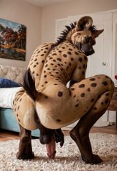 2024 ai_generated anthro anus ass balls bedroom carnivalecloudmuncher furry hyaenid hyena hyperrealistic looking_at_viewer looking_back male male_only mammal nude penis perineum photorealism photorealistic realism realistic rear_view self_upload solo solo_male squatting tagme tail