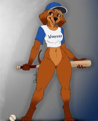 anthro baseball baseball_bat baseball_cap bat_(object) belly brown_eyes brown_hair canid canine canis clothed clothing colored_nails dachshund deerwalker domestic_dog female floppy_ears genitals hair halter_top hat headgear headwear hi_res hunting_dog looking_at_viewer mammal midriff nails navel pantsless pussy shirt smile smiling_at_viewer solo solo_focus sportswear standing t-shirt tail tongue topwear