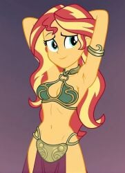 aqua_eyes armpits bare_armpits bare_arms bare_legs bare_midriff bare_shoulders bare_thighs barefoot belly_button bikini bikini_top bra bracelet cleavage collar crossover crossover_cosplay equestria_girls gold_(metal) gold_bikini gold_bikini_top gold_bra gold_bracelets gold_collar gold_hair_ornament gold_jewelry golden_bikini golden_bikini_top golden_bra golden_bracelets golden_collar golden_hair_ornaments green_bikini green_bikini_top green_bra hair_ornament hourglass_figure loincloth long_hair magenta_background metal_bracelet metal_collar midriff my_little_pony my_little_pony_equestria_girls my_little_pony_friendship_is_magic navel red_hair red_loincloth slave slave_bikini slave_collar slave_leia slave_leia_(cosplay) slave_outfit slavegirl star_wars sunset_shimmer thick_thighs yellow_highlights yellow_skin