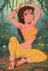 1girls ai_generated ass bare_shoulders barefoot bigmic145 blue_eyes breasts brown_hair brown_hair_female cleavage crop_top dirty_feet disney disney_princess feet female female_only jane_porter jungle jungle_girl legs medium_breasts midriff mud muddy navel solo solo_female tarzan_(1999_film) yoga yoga_pants