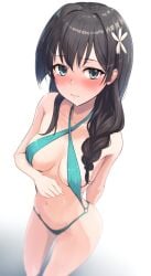 1girls 2020s 2024 alternate_costume alternate_hairstyle arm_behind_back black_hair blue_eyes blush braid breasts breasts_apart closed_mouth criss-cross_halter female flower green_slingshot_swimsuit hair_flower hair_ornament hair_over_shoulder halterneck hi_res k3rd light-skinned_female light_skin long_hair looking_at_viewer medium_breasts navel o-ring o-ring_swimsuit official_alternate_costume perspective saten_ruiko single_braid slingshot_swimsuit solo standing swimsuit teenage_girl teenage_tits teenager to_aru_kagaku_no_railgun to_aru_majutsu_no_index white_background wide_hips young young_female
