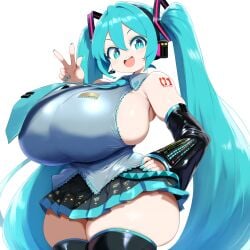 ai_generated ameanon big_breasts blue_eyes blue_hair breasts hatsune_miku huge_breasts large_breasts light_skin light_skinned_female pale_skin pale_skinned_female peace_sign short_skirt sideboob skindentation skirt thick_thighs thighhighs twintails vocaloid