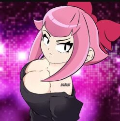 1girls bianart black_eyes brawl_stars eyelashes female female_focus female_only fully_clothed hoodie huge_breasts looking_at_viewer melodie_(brawl_stars) no_bra pink_hair shirt_only solo solo_female solo_focus t-shirt top_breasts